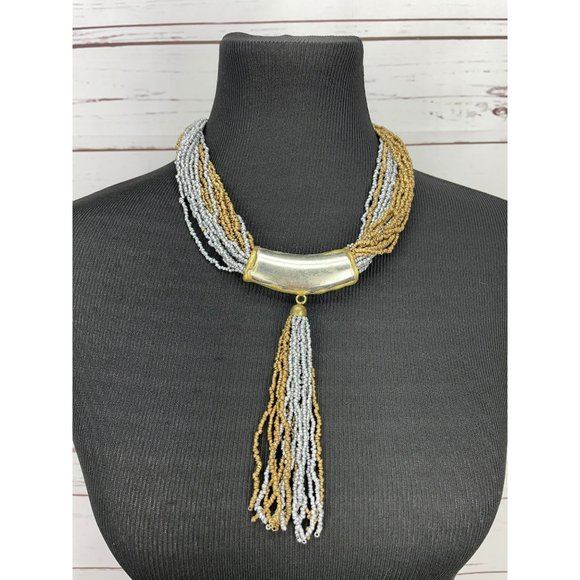 Beaded Boho Statement Piece Sliver Blue Bronze Color Tribal Choker Necklace - Picture 1 of 7